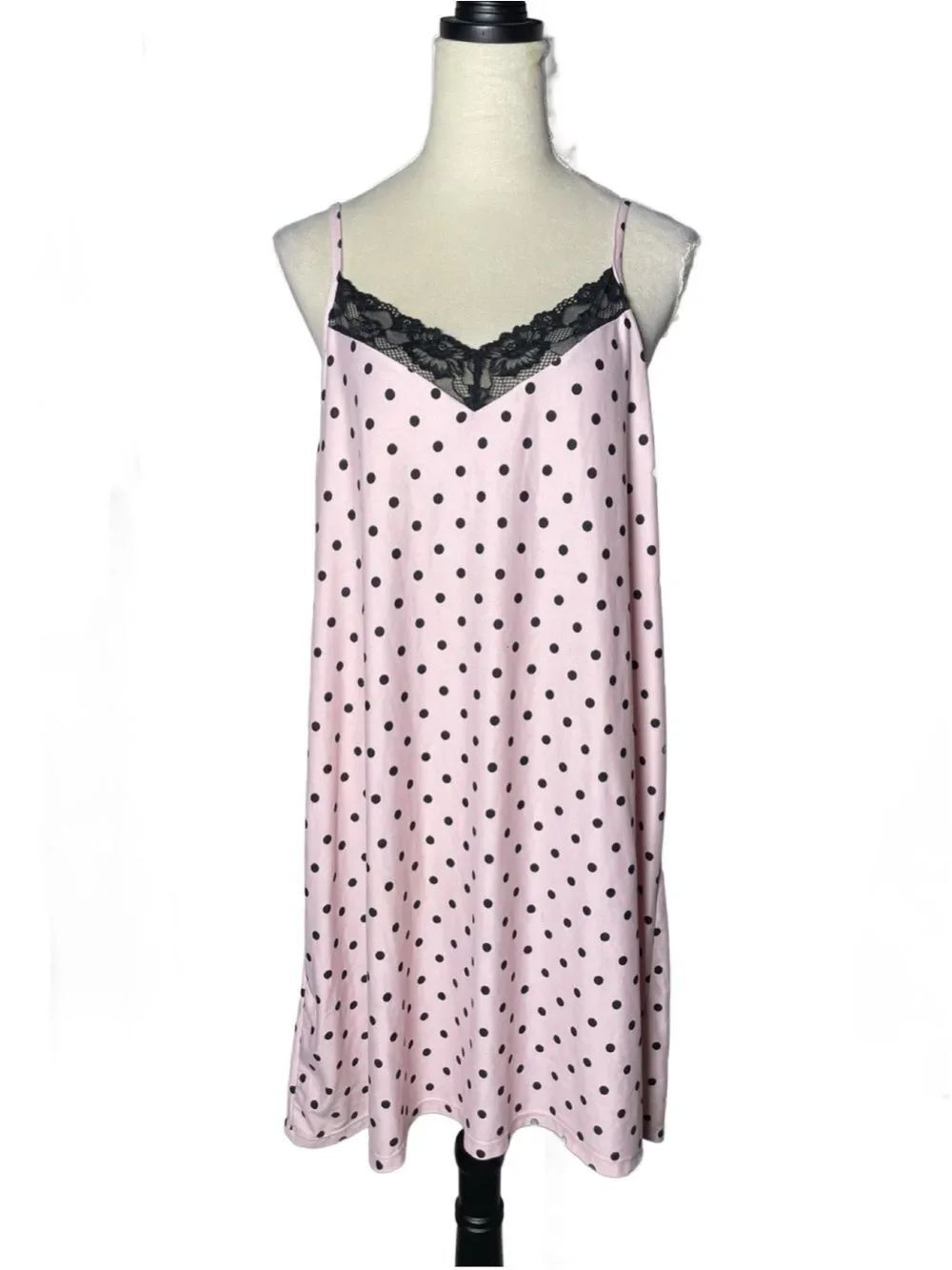 Joyspun Pink & Black Polka Dot Lace-Trim Chemise - XL - Dreamy Soft Collection
